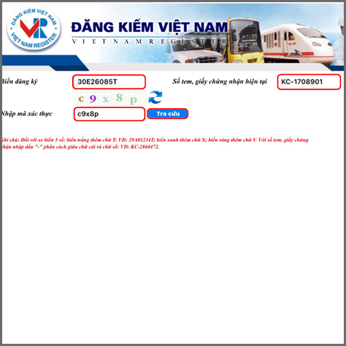 Nhập đầy đủ cả biển số xe, số tem và giấy chứng nhận kiểm định