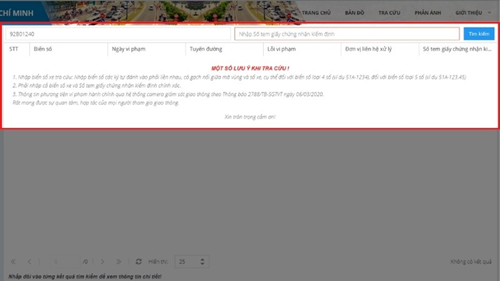 Tra cứu phạt nguội tại website của Sở Giao thông Vận tải