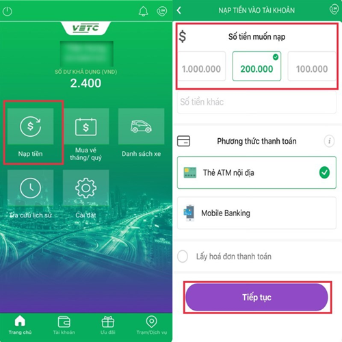 Chọn số tiền cần nạp, phương thức thanh toán